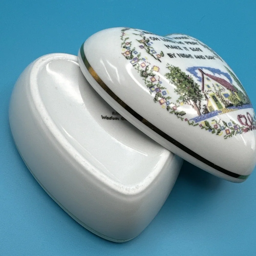 Heart Shape Trinket Box Bavaria Western Germany Lid‎ Bless Home Prayer Vintage